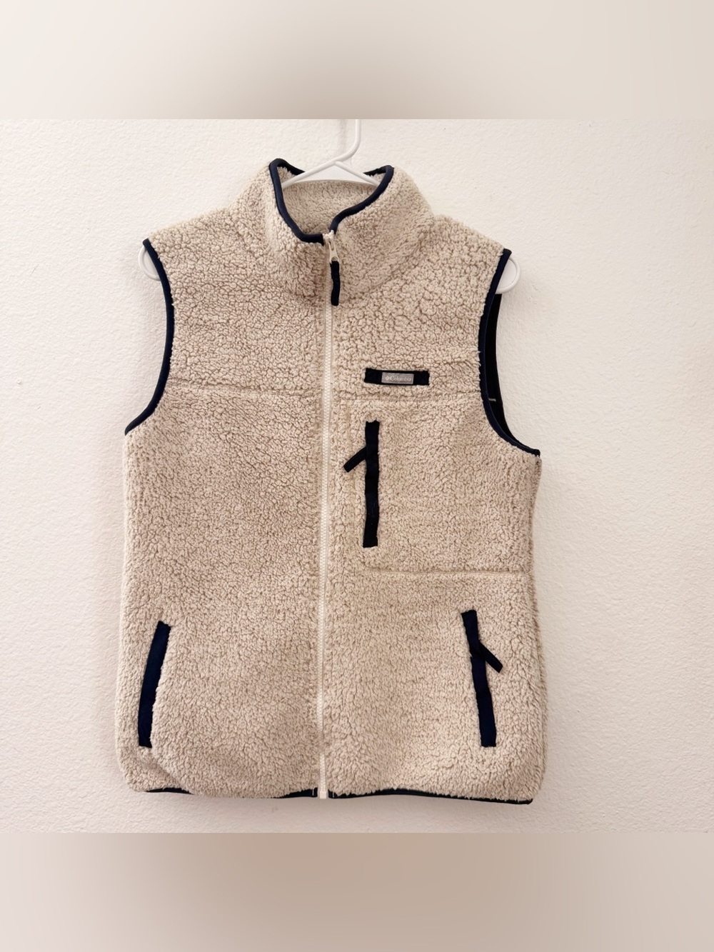 Columbia | Cream Sherpa Fleece Vest with Navy Trim